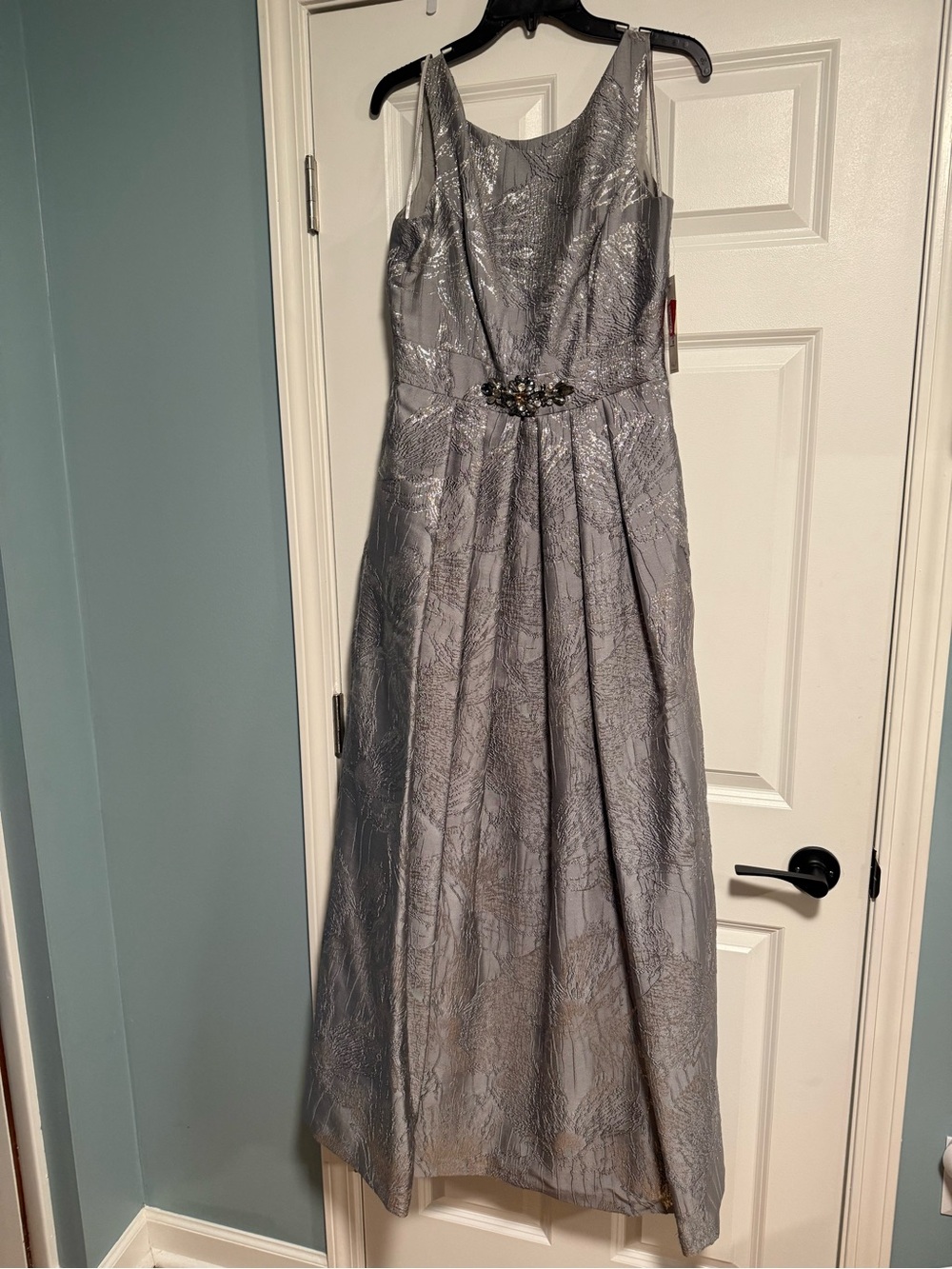 Eliza J Silver Gray Metallic Maxi Dress with Embellished Waist
